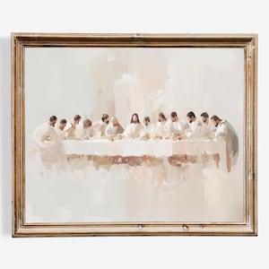 May include: A painting depicting the Last Supper, a scene from the Christian Bible. The painting shows Jesus and his disciples gathered around a table, with Jesus in the center. The painting is done in a soft, muted palette of white and beige.
