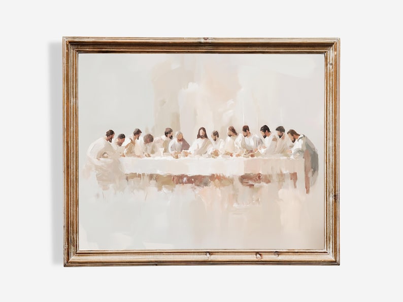 May include: A painting depicting the Last Supper, a scene from the Christian Bible. The painting shows Jesus and his disciples gathered around a table, with Jesus in the center. The painting is done in a soft, muted palette of white and beige.