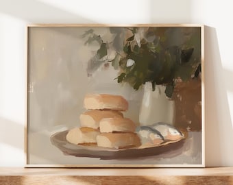 CUSTOM LISTING Moody Artful Christian Still Life Loaves and Fish Art Painterly Jesus Bread Neutral Miracle Scripture Modern Kitchen Artwork