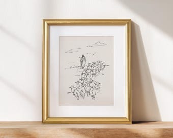 Neutral Jesus Artful Sketch Good Shepard with Sheep Art Artful Hand Drawing Christ 99 Vintage Artwork Christian Modern Print Homely Decor
