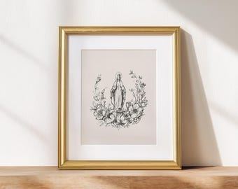 May include: A framed art print featuring a detailed black and white illustration of a religious figure surrounded by flowers. The artwork is set against a neutral background and framed in a gold-colored frame, creating a classic and elegant aesthetic.
