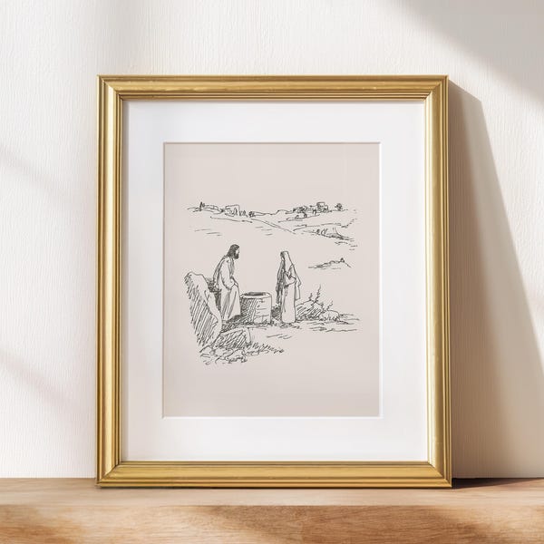 Boceto ingenioso Neutral Jesús y la mujer samaritana en el pozo Arte Dibujo ingenioso a mano Obra de arte vintage Impresión moderna cristiana Decoración hogareña