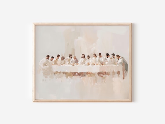 Artful Last Supper Oil Painting, Painterly Modern Christian Art Print, Jesus Decor Artwork, Religious Catholic Posters, Gift for her dining