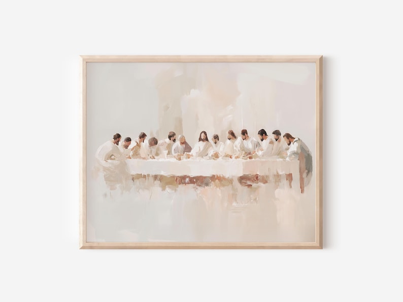 May include: A painting depicting a group of people, including Jesus, sitting at a table. The painting is done in a soft, muted color palette with a focus on the figures and their expressions. The painting is framed in a light wood frame.