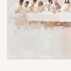 May include: A painting depicting a group of people sitting at a table, likely a religious scene. The figures are dressed in white robes and are gathered around a table with a white tablecloth. The painting is done in a soft, muted palette of white, beige, and brown.