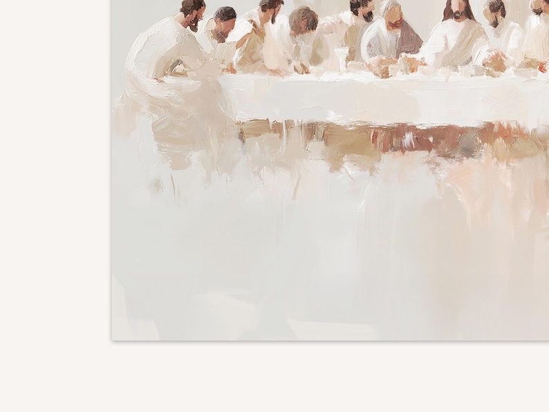May include: A painting depicting a group of people sitting at a table, likely a religious scene. The figures are dressed in white robes and are gathered around a table with a white tablecloth. The painting is done in a soft, muted palette of white, beige, and brown.