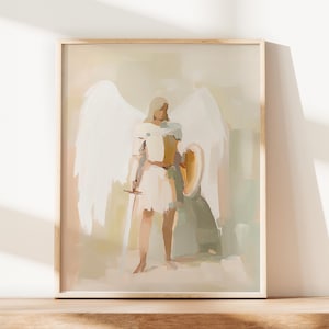 Artful St Michael The Archangel Wallart Oil Painting Saint Michael Artwork Catholic Modern Print Gift for Her Abstract Neutral Homely Decor
