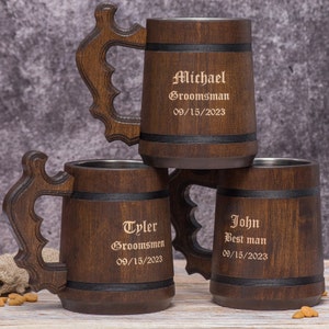 Set of 6 Groomsmen Gift, Groomsmen Beer Mug, Custom Wooden Stein, Gift from Groom, Wedding Gift, Engraved Wood Tankard, Groomsmen proposal
