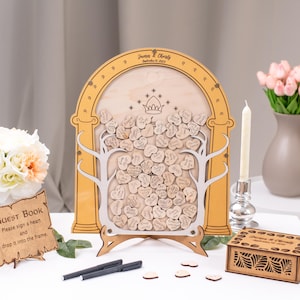 ELVISH Wedding Guest Book Alternative - Fantasy Wedding Guestbook, Rustic Halfling Door Guestbook with Hearts for Guests Wishes, Magic gates