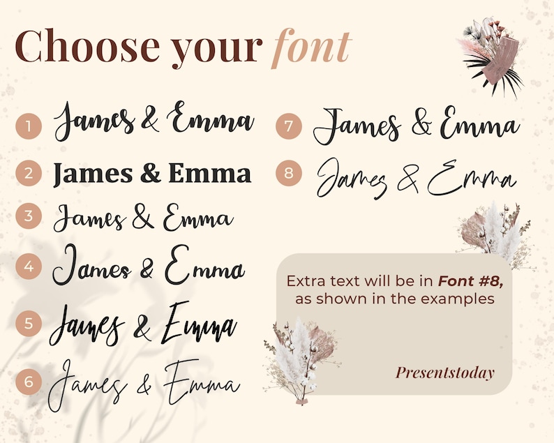 May include: A beige graphic with the text "Choose your font" and examples of the names "James & Emma" in various fonts. The text "Extra text will be in Font #8, as shown in the examples" is also present. The word "Presentstoday" is at the bottom.
