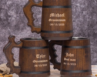 Gepersonaliseerde bruidsjonkers bierpul, aangepaste houten bierkroes, aanpasbaar getuigecadeau, geschenken bruidegom, gegraveerde houten bierpul, houten mok bruiloft