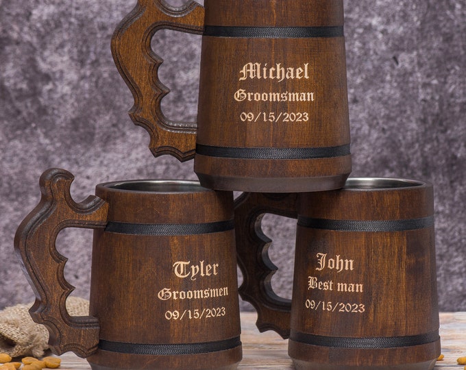 Personalized Groomsmen Beer Mug, Custom Wooden Stein, Customizable Best Man Gift,  Groom gifts, Engraved Wood Tankard, Wedding wood mug