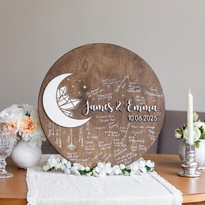 Libro degli ospiti rotondo per matrimonio - Cartello in legno 3D personalizzato a forma di luna, alternativa rustica al libro degli ospiti, ricordo fantasy personalizzato per decorazioni per cerimonie all'aperto