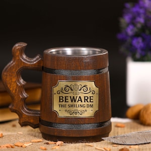 Engraved Dungeon Master Tankard: Personalized DnD Gift, Wooden Beer Stein for Dungeons and Dragons Fans, Perfect for Pathfinder Campaigns and Husband's Special Occasions.