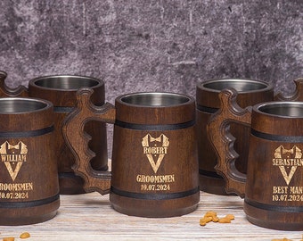 Set van 12 mokken bruidsjonkers, cadeau voor bruidsjonkers, bierpullen bruiloft, geschenk getuige, handgemaakte gepersonaliseerde houten bierpul, bierpul