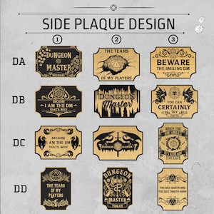May include: A collection of wooden plaques with various designs and text related to the game Dungeons & Dragons. The plaques feature phrases like "Dungeon Master" and "Beware the Smiling DM," with decorative elements.