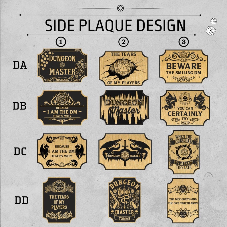 May include: A collection of wooden plaques with various designs and text related to the game Dungeons & Dragons. The plaques feature phrases like "Dungeon Master" and "Beware the Smiling DM," with decorative elements.