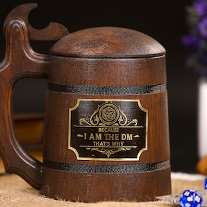 Dungeon master tankard, Dungeon master mug with lid, Dungeons and Dragons gifts, d and d wood beer stein with lid, dnd dm gifts for him