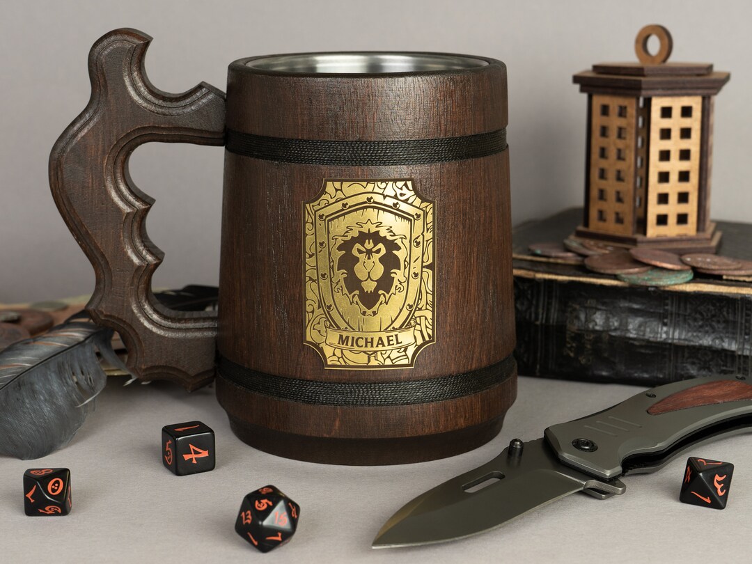 World of Warcraft Personalized Mug, Wow Wood Beer Tankard, for the Alliance Wooden Stein, World