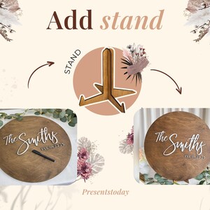 May include: A wooden wedding sign with the text "The Smiths" and the date "EST. 06.22.23". The sign is round and comes with a wooden stand. The image also shows the words "Add stand" and "Presentstoday".