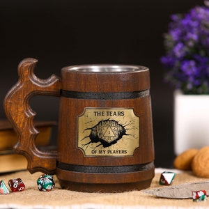 Engraved Dungeon Master Tankard: Personalized DnD Gift, Wooden Beer Stein for Dungeons and Dragons Fans, Perfect for Pathfinder Campaigns and Husband's Special Occasions.