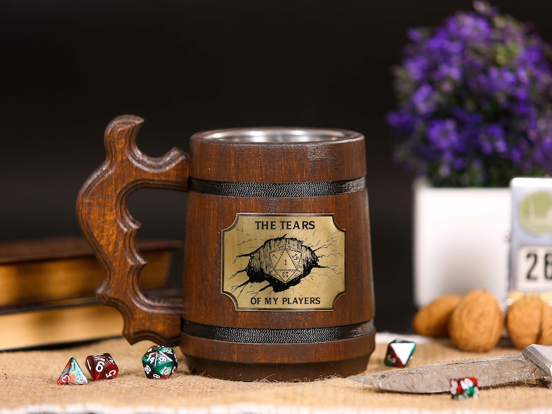 Engraved Dungeon Master Tankard: Personalized DnD Gift, Wooden Beer Stein for Dungeons and Dragons Fans, Perfect for Pathfinder Campaigns and Husband's Special Occasions.