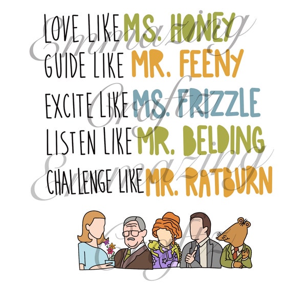 Love like teacher png | love like Ms. honey | guide like Mr. Feeney | excite like ms. Frizzle | listen like Mr. Belding | challenge like