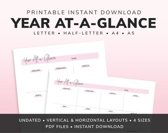 Yearly Planner Printable Pages • Yearly Layout 1 and 2 in Pink • Undated year at-a-glance planner insert • Instant Download PDF