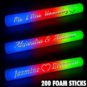 LED Wedding Party Foam Glow Sticks 200 Pcs Silver Vinyl Lettering 3 Color 16 Inch Light Batons with 3 Flash Modes for Weddings Birthdays
