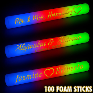 LED Wedding Party Foam Glow Sticks Gold Vinyl Lettering 100 Pcs 3 Color 16 Inch Light Batons, 3 Flash Modes, for Weddings Birthday Festivals