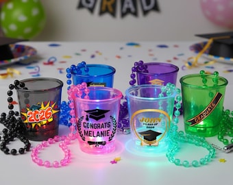 24 Graduation Glowing LED Shot Glass Necklaces, Grad Party Favor, Novelty Gift, College Party Supplies