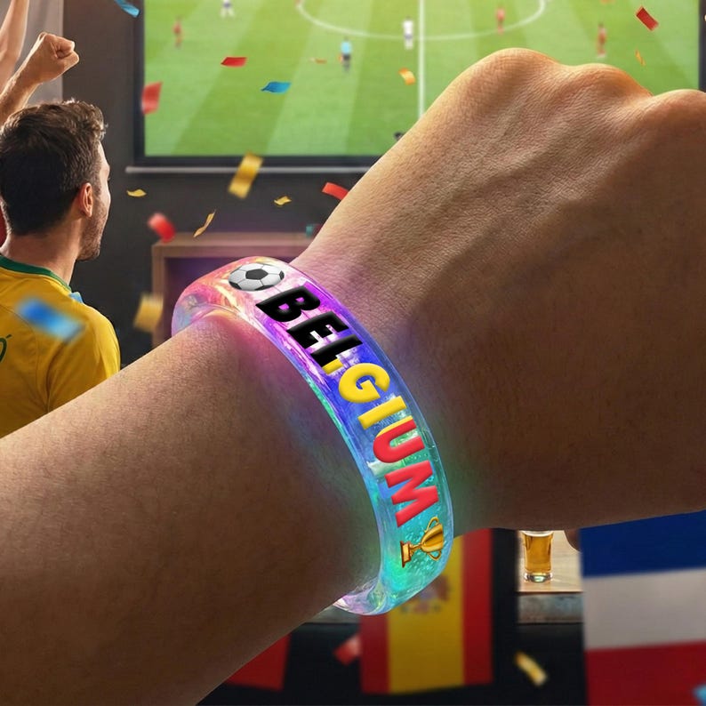 May include: A clear, glowing bracelet with the word "BELGIUM" in colorful letters. The bracelet features a soccer ball graphic and a trophy icon. The image shows the bracelet on a person's wrist, with a soccer game on TV in the background.