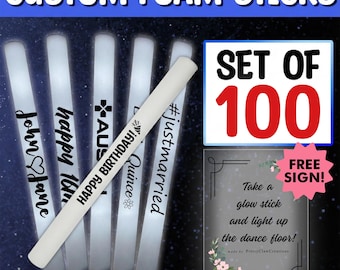 100 Custom White LED Foam Sticks, Light Up Party Favors Glow Sticks - Includes Free Sign!