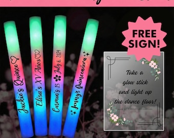 Quinceanera LED Party Foam Glow Sticks 50 Pack Multi-Color 16 Inch with 3 Flash Modes for Birthday Party, Quince Parties- Free Sign!