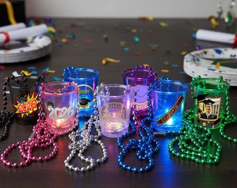 12 Light Up Graduation Shot Glass Necklaces, Grad Party Favor, Novelty Gift, College Party Supplies