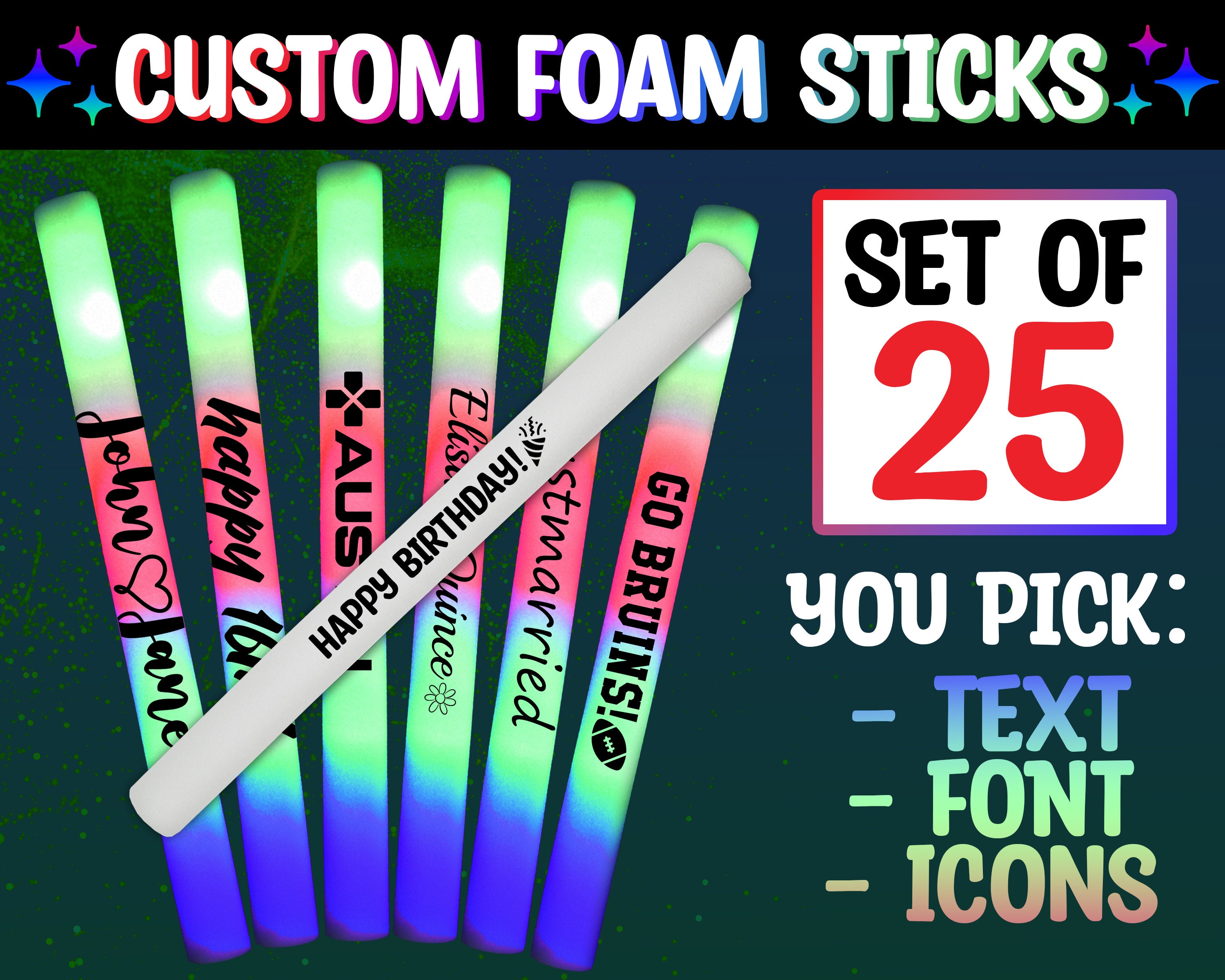 15/30/50/100/200 CUSTOM LED Foam Glow Sticks 16 Inch 3 Modes Multi-color,  Light up LED Foam Stick 