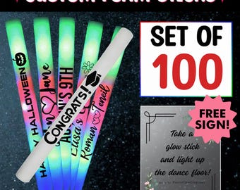 100 LED Foam Sticks Multi-Color 16 Inch Light Up Wands Batons for Customized Wedding Favors Party Supply - Includes FREE Sign!