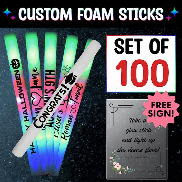 100 LED Foam Sticks Multi-Color 16 Inch Light Up Wands Batons for Customized Wedding Favors Party Supply - Includes FREE Sign!