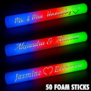 LED Wedding Party Foam Glow Sticks 50 Pcs Silver Vinyl Lettering 3 Color 16 Inch Light Batons with 3 Flash Modes for Weddings Birthdays