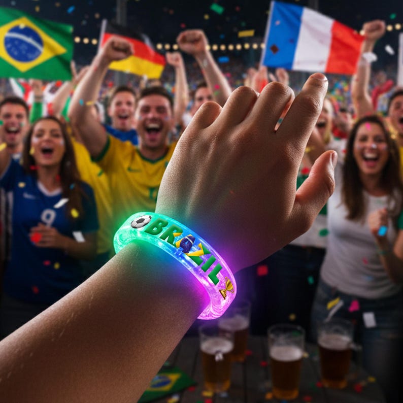 May include: A clear, glowing bracelet with the word "BRAZIL" in green and blue letters. The bracelet has a soccer ball and other graphics. The background shows a crowd of cheering fans with flags.