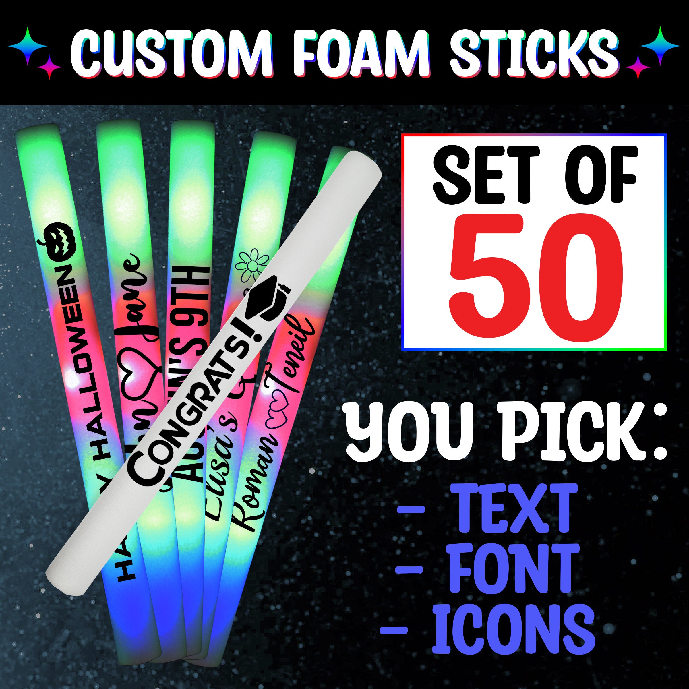 30 CUSTOM LED Foam Glow Sticks 16 Inch 3 Modes Multi-color or Single Color,  Light up LED Foam Stick 