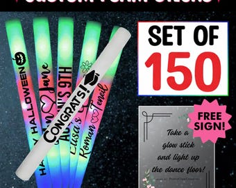 150 Custom LED Glow Sticks Multi-Color Foam Stick Light Up Wands Personalized Wedding Favors Party Supply - Includes Free Sign!