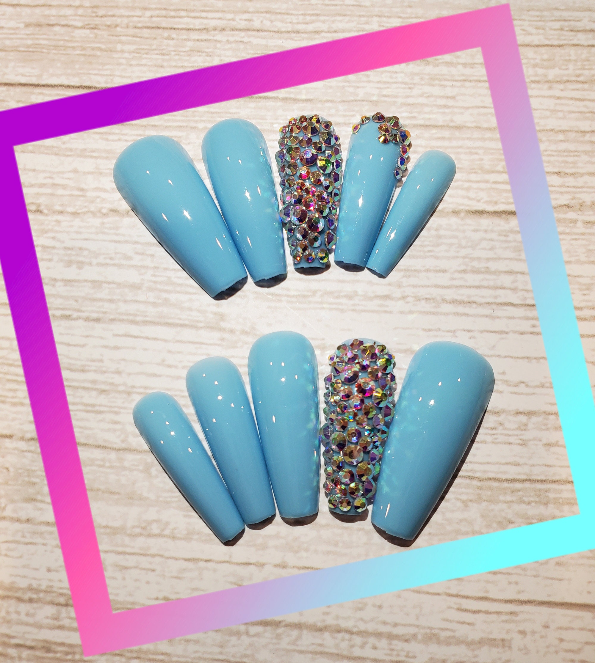 Press on Nails Long Coffin Shape False Nails Shiny Light Blue - Etsy