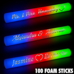 LED Wedding Party Foam Glow Sticks 100 Pcs Silver Vinyl Lettering 3 Color 16 Inch Light Batons with 3 Flash Modes for Weddings Birthdays