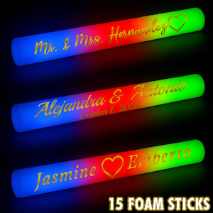 LED Wedding Party Foam Glow Sticks Gold Vinyl Lettering 15 Pcs 3 Color 16 Inch Light Batons, 3 Flash Modes, for Weddings Birthday Festivals