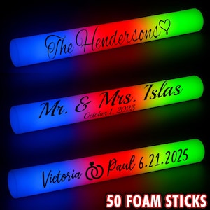 LED Wedding Party Foam Glow Sticks Black Vinyl Lettering 50 Pcs 3 Color Light Batons 16 Inch with 3 Flash Modes for Weddings, Birthdays