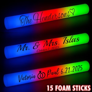 LED Wedding Party Foam Glow Sticks Black Vinyl Lettering 15 Pcs 3 Color Light Batons 16 Inch with 3 Flash Modes for Weddings, Birthdays