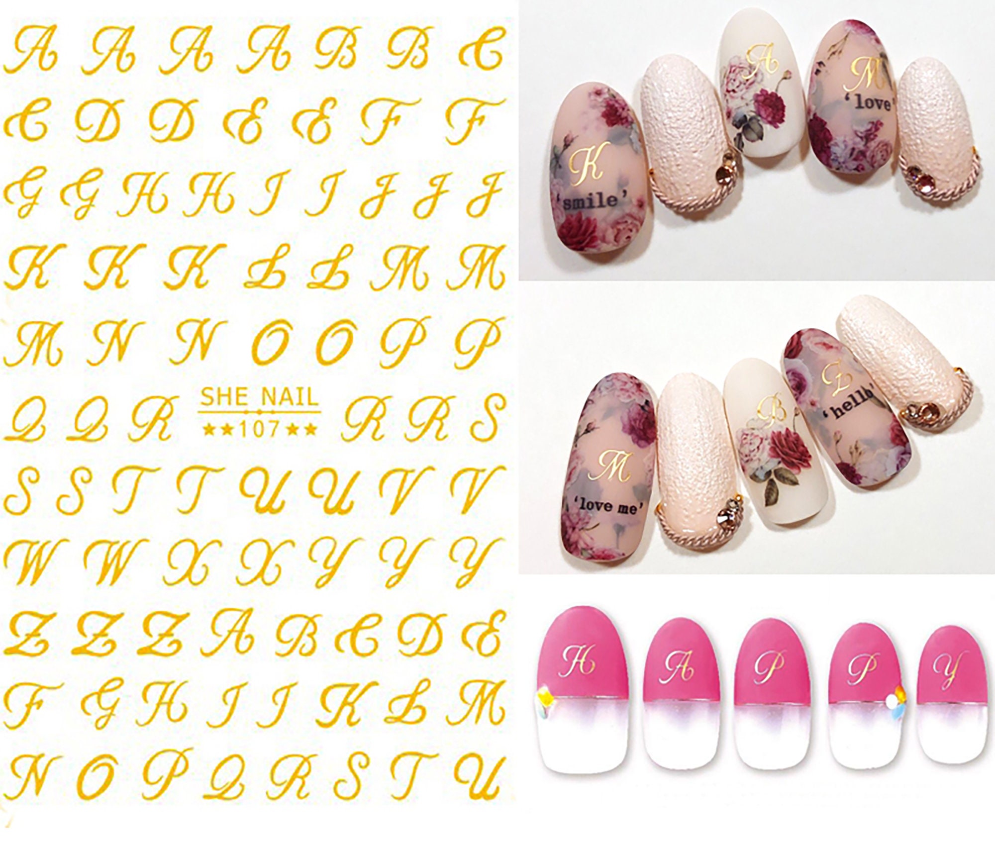 1PCS Colored Roman Alphabet Nail Art Stickers 3D Golden Heart