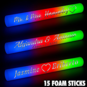 LED Wedding Party Foam Glow Sticks 15 Pcs Silver Vinyl Lettering 3 Color 16 Inch Light Batons with 3 Flash Modes for Weddings Birthdays