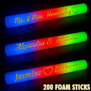 LED Wedding Party Foam Glow Sticks Gold Vinyl Lettering 200 Pcs 3 Color 16 Inch Light Batons, 3 Flash Modes, for Weddings Birthday Festivals